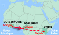 Pas de survivant dans le vol 507 Kenya Airways qui reliait Abidjan à Nairobi via Douala. &#13;&#10;&#13;&#10;&#9;&#9;(Carte : RFI)