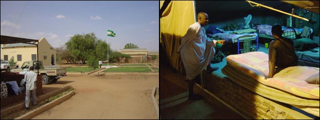 Le quartier général de la mission de l’Union africaine, au moment de l’installation de la mission, 2004 (photo de gauche). Le jardin dans lequel flotte le drapeau de l’Union Africaine ne tardera pas à être recouvert de préfabriqués où la mission installera ses bureaux. En 2005, les soldats de la mission ont également planté leurs tentes près du discret bâtiment qui était là à l’origine (photo de droite).(Photo : L. Correau / RFI)