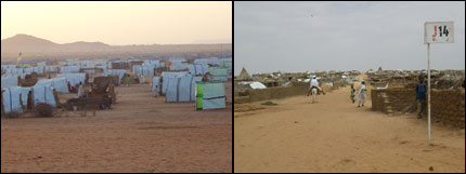 La prolongation du conflit a transformé certains camps de déplacés en véritables villes. Le camp d'Abou Shok dans le Darfour Nord, par exemple, était en 2004 constitué de tentes réparties de manière plus ou moins organisée (photo de gauche). En 2006 on y trouvait des rues tracées, des toits de paille et des murs de briques (photo de droite).(Photos : L. Correau / RFI)