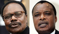 Omar Bongo, président du Gabon (g) et Denis Sassou N'Guesso, président du Congo-Brazzaville (d). 

		(Photo : AFP)