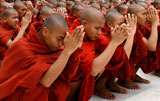 Des bonzes prient à la pagode de Shwedagon avant de rejoindre le cortège de manifestants.(Photo : Reuters)