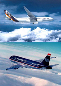 Le nouveau long courrier A350 (haut) et le moyen courrier A320 (bas) de l'avionneur européen Airbus. (Photo : AFP & source : www.usairways.com)