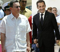 Le président de Colombie, Alvaro Uribe (G), et le président français, Nicolas Sarkozy.(Photos : AFP)