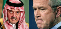 Le ministre des Affaires étrangères d'Arabie Saoudite, le prince Saoul al-Fayçal, et le président américain George W. Bush.(Photo : Reuters / AFP / Montage RFI)