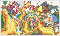 Carte géologique du monde en projection Mercator.© Ph.Bouysse, CCGM-UNESCO 2000.