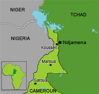 Selon le HCR, plusieurs centaines de Tchadiens, fuyant les violences de Ndjamena, se sont réfugiés dans la ville de Kousseri, au Cameroun.(Carte : C. Wissing / RFI)