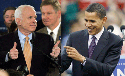 Trois débats télévisés opposeront John McCain et Barack Obama : le 26 septembre, sur la politique intérieure, à Oxford (Mississipi) ; le 7 octobre à Nashville (Tennessee), avec des questions venant du public et d'internet ; et le 15 octobre, sur la politique étrangère, à Hempstead (New York).(Photo : Reuters/Montage RFI)