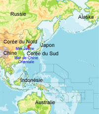D'après les Américains et les Japonais, le Taepodong-2, un missile balistique à longue portée nord-coréen, pourrait atteindre  l'Alaska. (Carte : RFI)