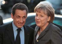 Angela Merkel et Nicolas Sarkozy au CEBIT de Hanovre, en mars 2008.(Photo : Reuters)