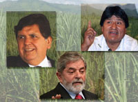 Le président péruvien, Alan Garcia (haut g), et ses homologues le bolivien Evo Morales (haut d) et le brésilien Lula da Silva (bas c).(Photo : Reuters)