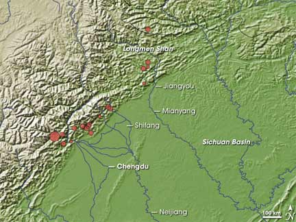 Carte des sites touchés par le séisme du 12 mai 2008.(Photo : NASA)