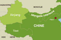 Le Xinjiang, l'une des cinq régions autonomes de Chine, s'étend sur 1&nbsp;646&nbsp;800 km².(Carte : E. Dupard/RFI)
