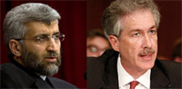 Saïd Jalili, négociateur iranien du dossier nucléaire (g) et William Burns, sous-secrétaire d'Etat américain aux Affaires politiques (d).(Photo : Reuters/AFP)