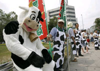 Des fermiers manifestent contre le G8 dans un parc de Sapporo au Japon, le 5&nbsp;juillet 2008.(Photo : Reuters)