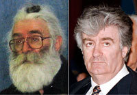 Ce montage photo montre la transformation physique de Radovan Karadzic qui a pu vivre à Belgrade, sans être inquiété. La photo la plus récente non datée, à gauche ; et en février 1995, à droite.(Photo : Reuters)