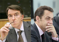 Le commissaire européen au Commerce, le Britannique Peter Mandelson, et Nicolas Sarkozy.(Photo : AFP / Reuters )