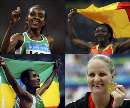 Tirunesh Dibaba, Françoise Mbango, Kenenisa Bekele et Kirsty Coventry (de g. à d. en commençant par le haut).(Photos : Reuters)