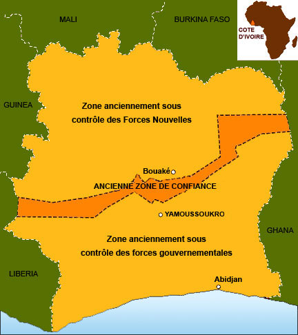 La ville de Bouaké était la capitale de la zone controlée par les Forces Nouvelles jusqu'à la signature des accords de paix de Ouagadougou en 2007.(Carte : RFI)