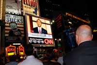 Le discours de Barack Obama a été suivi partout aux Etats-Unis et notamment sur les écrans géants de Times Quare à New York.(Photo : Reuters)