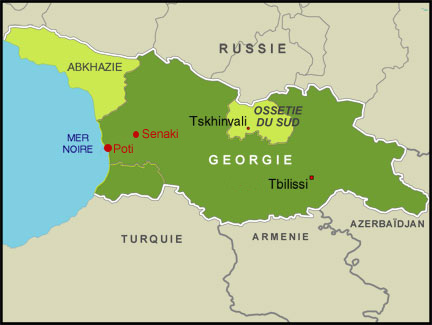 Le port de Poti, sur la Mer Noire, et la ville de Senaki, en Géorgie.(Carte : RFI)