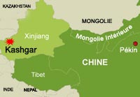Un attentat a visé un poste de douane dans la localité de Kashgar, dans l'ouest de la province chinoise du Xinjiang, causant 16 morts et autant de blessés.(Carte : RFI)