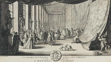 Dessin, Colbert de Villacerf visitant les Gobelins, de Sébastien Leclerc, XVIIe siècle.(Photo : Philippe Sébert)