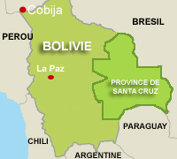 Le bilan officiel des affrontements fait état de huit morts. Les faits se sont produits sur la commune de Porvenir, à 30 km de Cobija, la capitale de la région du Pando, au nord de la Bolivie. (Carte : RFI)