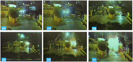 Images de la vidéo surveillance montrant le déroulement de l'attentat-suicide au camion piégé (en haut à droite de chaque photo) devant l'hôtel Marriott, à Islamabad, le 20 septembre 2008.(Photo : Reuters)