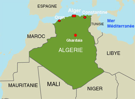 En Algérie, les inondations ont fait au moins 31 morts, dans la zone de Ghardaia, à 600 kilomètres au sud d'Alger, le 1er octobre 2008.(Carte : RFI)