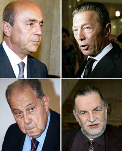 De gauche à droite et de haut en bas : Pierre Falcone, Arcady Gaydamak, Charles Pasqua et Jean-Christophe Mitterrand. 

		(Photo : AFP)
