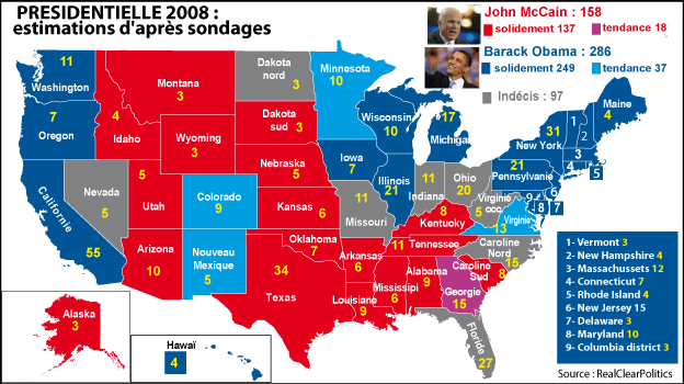 Election présidentielle : moyenne de sondages au 21 octobre 2008.(Carte : RFI)