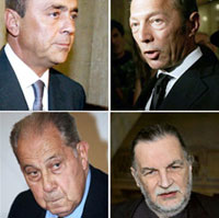 Pierre Falcone (G), Arcady Gaydamak, Charles Pasqua et Jean-Christophe Mitterrand sont les quatre personnalités plus en vue dans le procès de vente d'armes à l'Angola.(Photo : AFP)