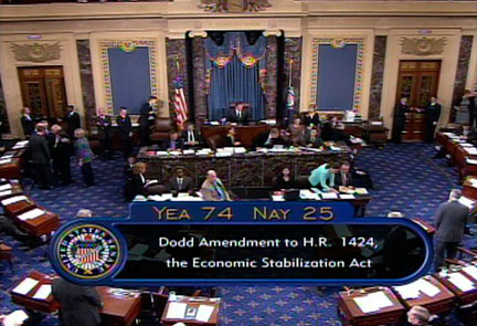 Le plan Paulson a été adopté par le Sénat américain avec 74 voix contre 25.(Photo : Reuters)