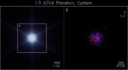 À gauche, l'éblouissante étoile HR8799. À droite, après le traitement de l'image pour atténuer la lumière de l'étoile, apparaissent trois points rouges, les trois planètes découvertes.(Photo: Conseil national de recherches Canada)
