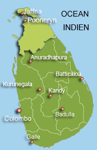 C'est dans la ville de Pooneryn, située dans la région de Jaffna, qu'ont eu lieu les combats entre l'armée et les Tigres de l'Eelam tamoul.(Carte : L. Mouaoued/RFI)