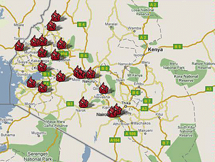 Carte symbolisant les lieux des derniers incidents au Kenya.(Crédit : legacy.ushahidi.com)