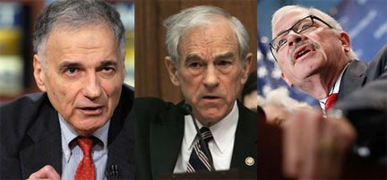Ralph Nader&nbsp;(g), Ron Paul&nbsp;(c), et Bob Barr&nbsp;(d) sont aussi candidats à l’élection présidentielle américaine du 4&nbsp;novembre 2008.(Photos : AFP/Reuters)