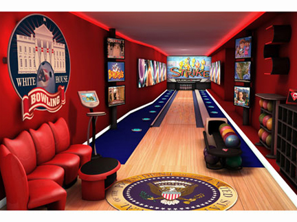 Projet de renovation de la salle de bowling de la Maison Blanche, proposé par l'industrie americaine du Bowling.(DR)