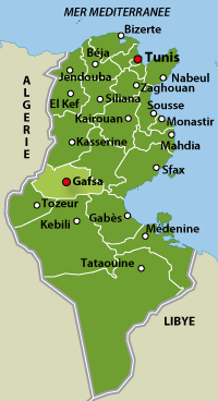 Le tribunal de Gafsa a prononcé des peines sévères à l'encontre de plusieurs Tunisiens qui ont participé à des manifestations dans cette région minière.(Carte : RFI)