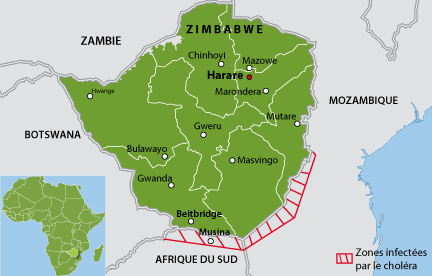 L'Afrique du Sud a déclaré «zone de catastrophe» sa région nord, frontalière avec le Zimbabwe, touchée par le choléra.(Carte : L. Mouaoued/RFI)