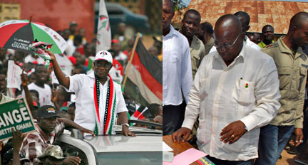 John Atta-Mills, du Congrès démocratique national (NDC, opposition) et le candidat du parti au pouvoir, Nana Akufo-Addo.( Photos : Reuters )
