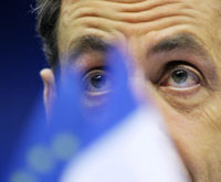 Nicolas Sarkozy à la conférence de presse de fin du sommet de l’Union européenne à Bruxelles, le 12&nbsp;décembre 2008.(Photo : Reuters)