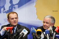 Le président polonais Lech Kaczynski (d) et son Premier ministre Donald Tusk (g) pendant une conférence de presse après le sommet européen de Bruxelles, le 12 décembre 2008. (Photo : Reuters)
