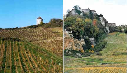 A gauche: vignoble près d'Arbois. A droite, le village de Château-Chalon, perché sur son rocher dominant la Seille.
(Photo : Marc Verney/ RFI)