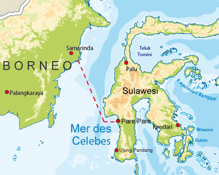 La trajectoire entre Pare Pare situé sur l'ile de Sulawesi et Samarinda à l'est de l'ile de Bornéo en mer des Célèbes où a coulé le ferry Teratai Prima, le dimanche 11 janvier 2009.(Carte : RFI)
