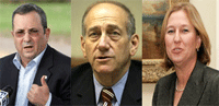 Le ministre israélien de la Défense, Ehud Barak (G), le Premier ministre israélien Ehud Olmert (C) et la ministre des Affaires étrangères, Tzipi Livni (D).(Photo : Knesset/Reuters - montage RFI)