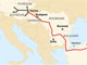 Tracé du gazoduc Nabucco, entre la mer Caspienne et l'Europe occidentale. Il évite le passage par la Russie.(Source : Wikipedia)