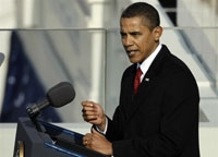 Le président des Etats-Unis Barack Obama lors de son discours d'inverstiture à Washington, le 20 janvier 2009.
