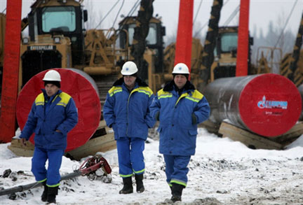 Ouverture d'un tronçon de pipeline à Ukhta, en Russie, pipeline faisant partie du «Megaproject» de Gazprom. Ce pipeline ne passera pas par l'Ukraine.(Photo : AFP)