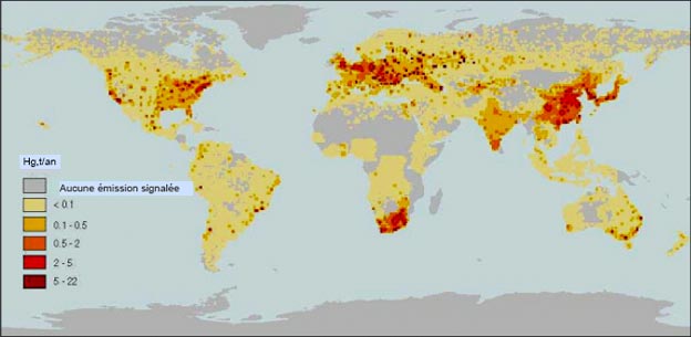 Carte mondiale de l'émission de mercure par an.DR